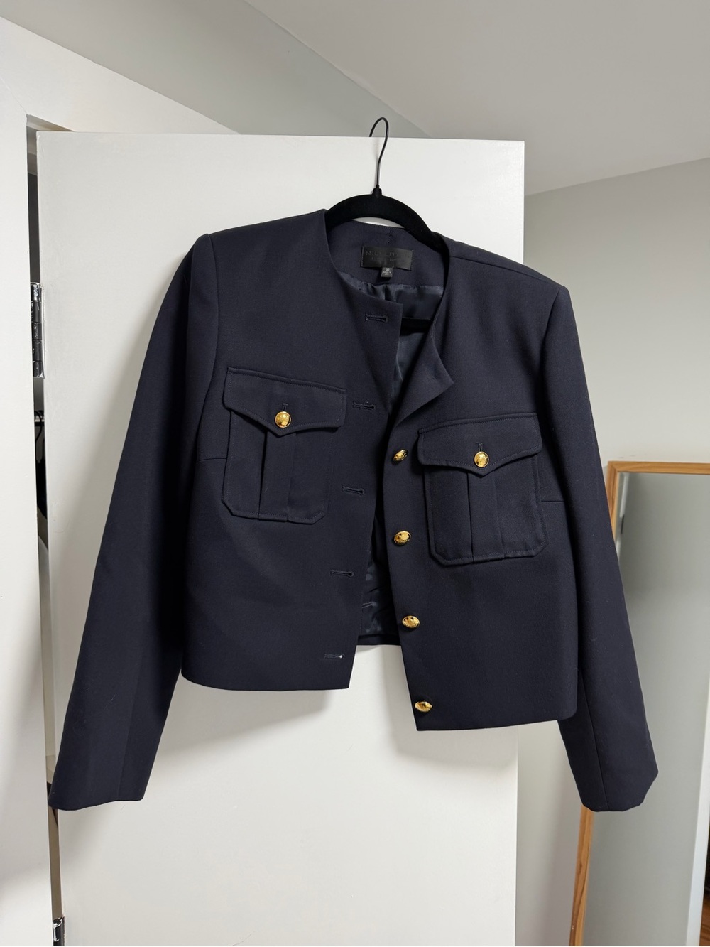Nili Lotan Navy Cropped Military-Style Blazer with Gold Buttons